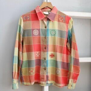 Koret VTG Y2K Multicolor Patchwork Embroidered Button-Up Long Sleeve Shirt Medum
